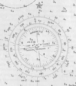 A standard compass rose found on an example nautical chart in 1966 Bowditch